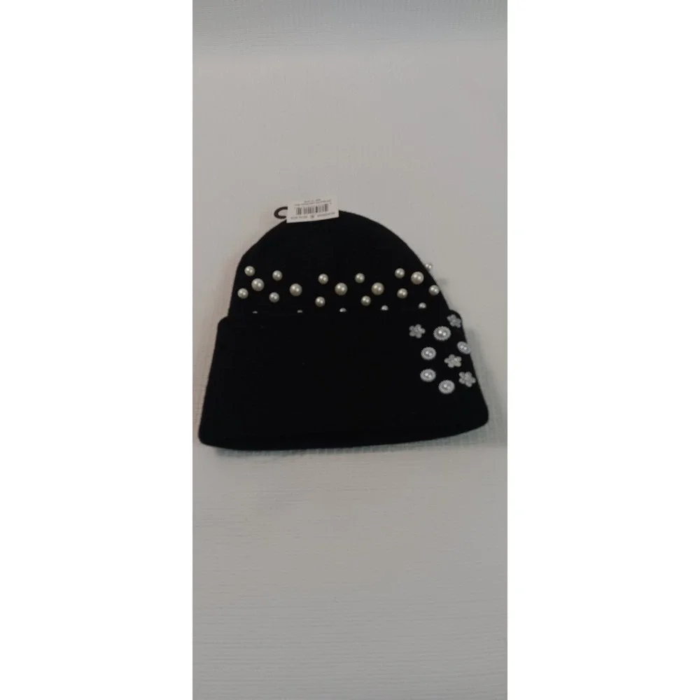 Black‎ Knit Cuffed Beanie with Faux Pearl and Flower Accents Headpiece